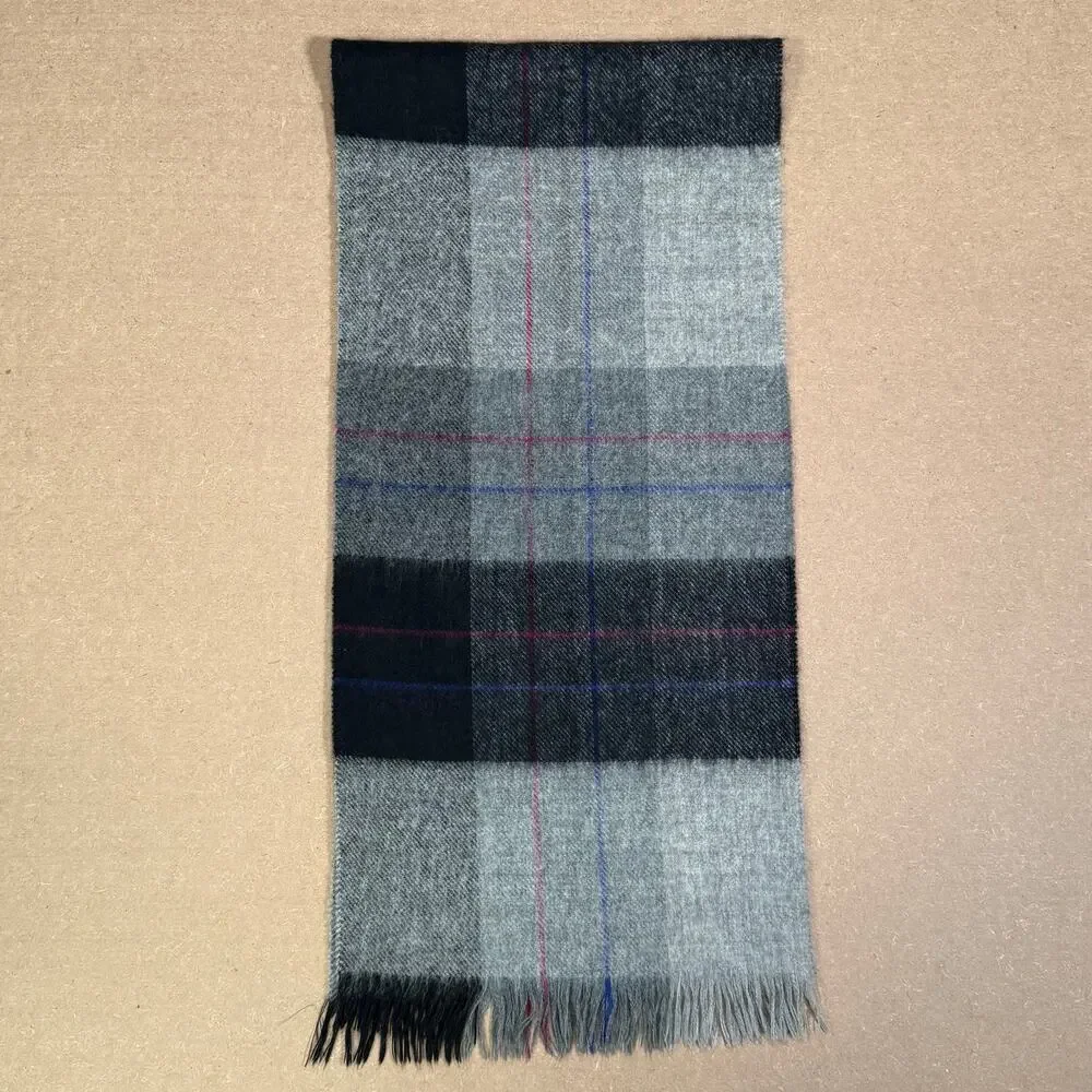 Vintage Scottish Plaid Lambs Wool Scarf Gray Black Made in Scotland Fringe